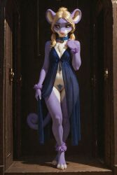 1girls ai_generated anthro_female black_sclera blonde blonde_hair female generation_1_pokemon mouse_girl nini_(scorpianpp) original_character pokemon pokemon_(species) ponytail purple_fur rattata scorpianpp self_upload stable_diffusion yellow_eyes yellow_hair