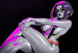 1_girl ai_generated alternate_costume artist_name bare_shoulders belt bikini black_background black_lips black_nails black_one_piece_swimsuit breasts choker cleavage closed_eyes colored_sclera colored_skin covered_nipples crossed_legs earrings eyeshadow feet_out_of_frame female female_only fingernails forehead_jewel glasses grey_skin hands_on_own_knees hoop_earrings invisible_chair jewelry large_breasts lips lipstick looking_at_viewer makeup medium_breasts nail_polish navel one_eye_closed one_piece_swimsuit open_mouth parted_lips pink_tinted_eyewear puckered_lips purple_eyes purple_eyeshadow purple_hair purple_lips purple_skin raven_(dc) round_eyewear shiny_skin short_hair sideboob sidelocks simple_background sitting slingshot_swimsuit solo splashthomson strap_gap sunglasses sweat swimsuit teen_titans teeth thick_thighs thighs tinted_eyewear wet