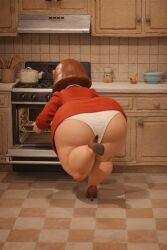 ai_generated big_butt bloberta_puppington bottom_heavy brown_hair brown_high_heels dress_lifted_by_self food hyper_butt hyper_hips hyper_thighs kitchen milf moral_orel oven pear-shaped_figure red_dress thick_thighs video white_collar white_panties white_wrist_cuffs wide_hips