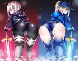 2girls artoria_pendragon ass baseball_cap big_ass big_butt blade blonde blonde_hair blue_eyes cap eyewear fate/grand_order fate_(series) gin_moku glasses hat huge_ass huge_butt looking_at_viewer looking_back mysterious_heroine_x mysterious_heroine_x_(alter) mysterious_heroine_xx_(foreigner) pale-skinned_female pale_skin ponytail shorts sword thighhighs tights weapon workout_clothes yellow_eyes