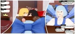 3d 3d_(artwork) bow_only cirno cum cum_on_face disinterested english english_commentary english_dialogue english_text futanari koikashura kotatsu marisa_kirisame nude plap plapping prone_bone reimu_hakurei sleepy tagme touhou uncensored uncircumcised under_kotatsu under_the_covers