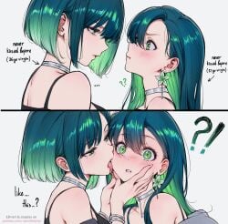 2girls blushing bracelet choker green_eyes green_hair hair_ornament height_difference licking older_female qiandaiyiyu selfcest text younger_female