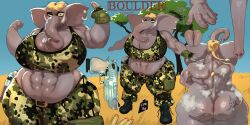 dafqwet elephant_humanoid elephant_ears elephant_tail elephant_trunk elephant_girl camo_print camo_clothing blonde_hair tattoo_on_butt tusks soldier anthro muscular pudgy handgun