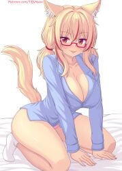 blonde_hair breasts cat_ears catgirl cleavage female female_only glasses kneeling_on_bed nightshirt nottytiffy panties red_highlights tail thighs tiffy tiffynyaa tongue_out twintails