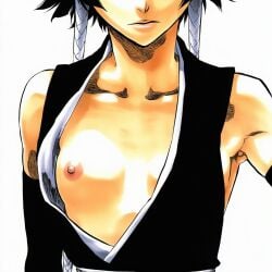 1:1 1girls 2d accurate_art_style accurate_body_type ai_generated areolae arm_at_side armpit armpits bare_shoulders black_hair bleach breast_focus breast_slip breasts breasts_apart cel_shading closed_mouth clothing collarbone cropped detached_sleeves erect_nipples facing_viewer female female_focus female_only flat_chest frown hair_tubes head_out_of_frame high_resolution highres japanese_clothes light-skinned_female light_skin line_art looking_at_viewer manga_style nipple_slip nipples no_bra official_style one_breast_out open_clothes open_shirt petite pink_nipples shiny_skin short_hair short_hair_with_long_locks simple_background small_breasts soifon solo solo_female solo_focus standing sui-feng tite_kubo_style traditional_clothes upper_body wardrobe_malfunction white_background