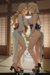 2girls ai_generated ass asymmetrical_docking bangs bare_legs bare_shoulders black_footwear bleach blonde_hair blue_eyes blurry blurry_background breast_press breasts crossover facial_mark female female_only forehead_mark frenzyai from_side full_body grey_kimono high_heels holding_hands indoors interlocked_fingers japanese_clothes kimono large_breasts legs long_hair looking_at_viewer matsumoto_rangiku mature_female multiple_girls naruto_(series) obi parted_bangs parted_lips rangiku_matsumoto sandals sash shouji sideboob sliding_doors smile standing symmetrical_docking tatami thighs tsunade white_kimono
