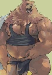 2026 4_fingers anthro areola bear ben_bigger big_muscles big_pecs biped black_clothing black_shirt black_tank_top black_topwear black_underwear brown_body brown_eyes brown_fur brown_nose brown_penis bulge censored censored_genitalia censored_penis claws clothed clothing detailed_bulge digital_media_(artwork) eye_scar facial_scar fangs finger_claws fingers flaccid fur genital_outline genitals glistening glistening_eyes hand_on_belly hand_on_own_belly looking_at_viewer male male_anthro male_only mammal mihoyo mosaic_censorship multicolored_clothing multicolored_shirt multicolored_tank_top multicolored_topwear multicolored_underwear musclegut muscular muscular_anthro muscular_male navel nipples one_eye_closed open_mouth orange_clothing orange_shirt orange_tank_top orange_topwear orange_underwear overweight overweight_anthro overweight_male pantsless pantsless_anthro pantsless_male pecs penis penis_base penis_outline pink_areola pink_nipples raised_clothing raised_shirt raised_tank_top raised_topwear salz_sop scar shirt simple_background solo solo_male standing tank_top teeth tongue tongue_out topwear two_tone_clothing two_tone_shirt two_tone_tank_top two_tone_topwear two_tone_underwear underwear zenless_zone_zero