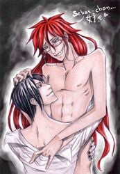 2boys abs black_hair colored_pencil_(artwork) dialogue english gay gay_sex glasses green_eyes grell_sutcliff kuroshitsuji long_hair male male_only red_hair sebastian_michaelis sharp_teeth short_hair simple_background traditional_media_(artwork) undressing very_long_hair yaoi