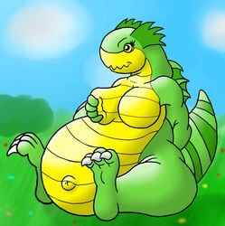 1girls breast_grab breasts bunyip chubby fat green_skin large_breasts obese_female overweight overweight_female rossmallo runescape runescape3 scalie sitting thick_thighs wide_hips