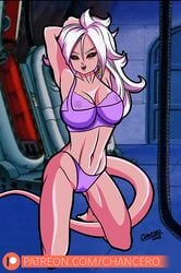 1girls 2010s android_21 black_sclera bra breasts chancero dark_persona dragon_ball dragon_ball_fighterz female hands_behind_head humanoid kneeling lingerie long_hair majin majin_android_21 monster_girl nipples_visible_through_clothing panties pink_skin pointy_ears red_eyes silver_hair tail underwear white_hair