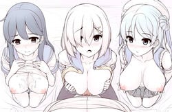 3: 3girls after_paizuri black_legwear blush breasts cum cum_on_body cum_on_breasts cum_on_upper_body double_bun female from_above hair_ornament hair_over_one_eye hairclip hamakaze_(kantai_collection) hat human inverted_nipples kantai_collection kneeling large_breasts male multiple_girls nipples nose_blush open_clothes open_mouth open_shirt paizuri pantyhose penis perpendicular_paizuri pleated_skirt pov pubic_hair shirt_lift skirt straight tears uni8 urakaze_(kantai_collection) ushio_(kantai_collection)