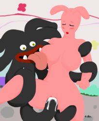 1boy 1boy1girl 1girls blush closed_eyes curvy_female gutter hetero hourglass_figure leg_lift licking_breast locoroco moja no_nipples pink_skin straight tagme tentacle vaginal