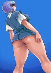 1girls ass big_ass blue_hair blush breasts clothes clothing curvy female female_only from_behind from_below gainax hair huge_ass human large_breasts looking_back lowres matoyama neon_genesis_evangelion no_panties oekaki pale-skinned_female pale_skin red_eyes red_hair rei_ayanami school_uniform serafuku short_hair skirt solo upskirt