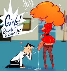 1boy 1futa black_hair cheezyweapon closed_eyes cum cum_on_face curly_hair futa_on_male futanari intersex lipstick male oral orange_hair penis powerpuff_girls professor_utonium redhead sara_bellum speech_bubble straight_hair text veiny_penis