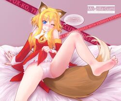 barefoot bed blonde_hair blue_eyes blush feet female firefox firefox-tan fox_ear heart mascot os-tan piro_(artist) site-tan skirt skirt_lift smile spread_legs tail wink