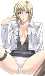 alternate_color aya_brea blonde_hair blue_eyes drugs kansuke mouth_hold open_clothes open_shirt panties parasite_eve parasite_eve_ii pill pills shirt short_hair spread_legs thigh_strap underwear unzipped white_panties