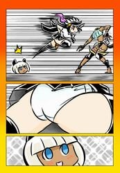 2girls animal_ears ass black_hair cat_ears cat_tail comic dark_skin detachable_head emakisa exposed filia_(skullgirls) futakuchi-onna headless multi_mouth multiple_girls nadia_fortune panties pantyshot samson_(skullgirls) scar severed_head skullgirls smile tail thighhighs underwear upskirt white_hair white_panties