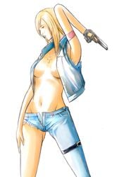 armpits asymmetrical_clothes aya_brea blonde_hair clothes cross cutoffs denim error female firearm furubokko gun hair hand_on_thigh handgun handwear highres human jeans jewelry mound_of_venus necklace neckwear no_bra one_pantsleg open_clothes open_shirt outerwear pale_skin parasite_eve pistol profile semiautomatic shirt simple_background single_pantsleg thigh_strap torn_clothes torn_jeans unbuttoned vest weapon