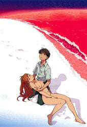 asuka_langley_sohryu beach breasts brown_hair closed_eyes clothing couple feet holding lcl leg_lift legs long_hair lowres mebae naked neon_genesis_evangelion nude orange_hair red_hair shadow shinji_ikari small_breasts spoilers the_end_of_evangelion water