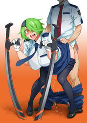 1boy :d belt black_legwear black_shoes blush bobobo bra bra_visible_through_clothes breasts clothed_sex cum cum_inside dual_wielding eye_patch female gloves green_hair hair_over_one_eyes huge_breasts jeans necktie open_mouth orange_eyes otonashi_kiruko pantyhose police police_uniform policewoman see-through sex shinmai_fukei_kiruko-san short_hair simple_background skirt smile sweat tonfa underwear uniform weapon white_gloves yellow_eyes