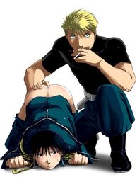 2boys anal_fingering artist_request bent_over black_hair black_hair_bottom black_shirt blonde_hair blonde_hair_on_black_hair blonde_hair_top cigarette domination fullmetal_alchemist gay human jean_havoc light_hair_on_dark_hair male male/male male_only military_uniform multiple_males pants_down roy_mustang t-shirt tagme yaoi