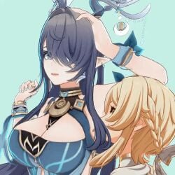 2girls bakushin_o_armpit_gif_(meme) big_breasts bouncing_breasts breasts clothed_female female female_focus genshin_impact horns hoyoverse lauma_(genshin_impact) licking licking_armpit looking_at_another lumine_(genshin_impact) m1s3n meme mihoyo simple_background yuri