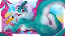 4_fingers absurd_res animal_genitalia animal_vulva anthro anus areola asian_mythology ass background_character big_butt biped breasts chain_piercing claws clitoral_winking clitoris condom dark-ahroun-friesian digital_drawing_(artwork) digital_media_(artwork) disney dragon east_asian_mythology eastern_dragon equine_genitalia equine_vulva exhibitionism eyebrow_piercing eyebrows eyelashes facial_piercing female fingers frill_(anatomy) fur furred_dragon furred_scalie genitals hair hi_res horn inviting inviting_to_sex inviting_viewer lip_piercing looking_at_viewer looking_back looking_back_at_viewer lying marine markings multicolored_body multicolored_fur mythological_creature mythological_scalie mythology nipple_piercing nipples nude on_front open_mouth outside piercing pink_eyes public public_nudity raised_tail raya_and_the_last_dragon rear_view scalie sexual_barrier_device sisu_(ratld) smile solo tail tail_frill teal_body teal_fur teeth thick_thighs three-quarter_view tongue tongue_piercing towel vulva