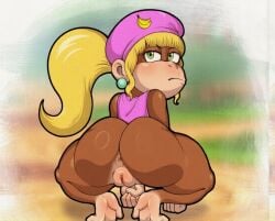 1girls 2025 20s algozhell anus ape ass bottomless clothed clothing crouching dixie_kong donkey_kong_(series) english_text female furry genitals hair haplorhine hat headgear headwear huge_ass legs_apart looking_at_viewer mammal monkey nintendo nude ponytail primate pussy solo tagme vulva