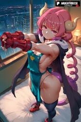 1girls 2025 ai_assisted ai_generated anime animeprds25 apron artist_name bed black_thighhighs breasts cape dragon_girl dragon_horns dragon_tail fingerless_gloves gloves green_apron hi_res high_quality high_resolution highres horns ilulu ilulu_(dragon_maid) indoors kobayashi-san_chi_no_maidragon long_hair looking_at_viewer miss_kobayashi's_dragon_maid patreon_username pink_hair pointy_ears red_footwear sideboob solo stable_diffusion standing stretching tail thighhighs twintails underwear watermark window