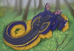 2023 animal_genitalia anus arch_(goodornot) balls blonde_hair blue_body blue_fur claws closed_smile dragon feet feral flower fluffy fluffy_tail fully_sheathed fur furred_dragon furred_scalie genitals grass grey_body grey_fur hair hi_res horn inno-sjoa looking_at_viewer lying male male_feral mouth_closed multicolored_body multicolored_fur mythological_creature mythological_scalie mythology neck_tuft on_back on_grass on_ground outside pawpads pink_pawpads plant presenting presenting_anus scalie sheath smile solo tail tail_anus tail_tuft thick_tail toe_claws toes tree tuft white_claws white_horn yellow_body yellow_eyes yellow_fur