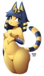 animal_crossing ankha_(animal_crossing) anthro bangs belly blue_hair breasts domestic_cat felid feline felis female fur genitals hair hi_res mammal marblesoda nintendo noseless nude nude_female pinup pose shortstack simple_background small_breasts solo thick_thighs uraeus vulva wide_hips yellow_body yellow_fur