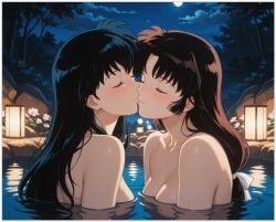 2girls ai_generated arm_at_side arms_at_sides bangs bath bathing black_hair blush breasts brown_hair cleavage closed_eyes closed_mouth cloud collarbone couple dark_brown_hair duo female/female female_only flower forest friends full_moon guloyu84 hair_between_eyes hair_ribbon higurashi_kagome inuyasha kagome_higurashi kissing lamp long_hair love low-tied_long_hair medium_breasts miroku1867 moon multiple_girls mutual_yuri nature neck night night_sky nude nude_female onsen outdoor_nudity outside parted_bangs partially_submerged pink_flower reflection ribbon rock romantic romantic_couple same-sex_bathing sango sideboob sky small_breasts smile star starry_sky straight_hair tied_hair tree upper_body water wet wet_body wet_hair white_ribbon yuri