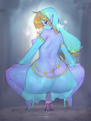 areola ass big_butt biped blonde_hair blue_clothing breasts clothed clothing dildo dildo_sitting elf eyelashes female footwear fullmontis hair hi_res high_heels looking_back masturbation nipples penetration pupils sex_toy shoes thick_thighs toying_self translucent translucent_clothing