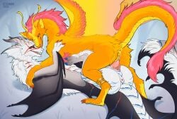 animal_genitalia anus ass becoming_erect black_sclera claws coinn8 digital_drawing_(artwork) digital_media_(artwork) dragon duo erection fangs feathers feet feral feral_on_feral feral_penetrated feral_penetrating feral_penetrating_feral fingers frottage frottage_in_slit fur genital_slit genitals hi_res horn intersex_(lore) male male/male male_penetrated male_penetrating male_penetrating_male mythological_creature mythological_scalie mythology penetration penile penis penises_touching red_eyes red_sclera scalie sex slit_penetration slit_play smile snout tail teeth toes tongue wings yellow_eyes