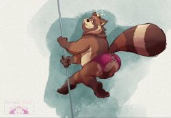 2022 anthro ass belly black_nose brown_body canid canine furry genitals goodie_holly highres humanoid_hands male mammal overweight overweight_male pole raccoon_dog solo stripper stripper_pole tanuki testicles underwear