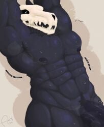 2026 absurd_res aimskull american_mythology anthro armpit_hair aroused ass balls big_penis black_body black_fur bodily_fluids body_hair bone deer digital_drawing_(artwork) digital_media_(artwork) fur genitals glans hairy_balls hi_res horn humanoid_genitalia humanoid_penis indigenous_north_american_mythology male mammal mature_male monster muscular mythological_creature mythology nipples north_american_mythology nude penis pubes pulsing pupils signature simple_background skull skull_head solo steam sweat sweatdrop wendigo white_pupils