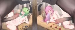 2boys 2girls absurdres animal_penis antlers armpit_crease blunt_bangs blush bra breasts censored ceres_fauna commentary completely_nude darkdeaththorn equine eyelashes female_on_feral feral feral_on_female feral_on_human gigantic_penis girthy_penis green_eyes green_hair group_sex hand_on_own_chest hay highres hololive hololive_english horns horse horse_penis huge_breasts huge_cock human_female human_on_feral imminent_bestiality imminent_penetration imminent_sex indoors large_areolae leg_up long_hair looking_at_penis lying mori_calliope mosaic_censoring multiple_boys multiple_girls navel nude on_side paid_reward_available pale-skinned_female panties panties_aside penis penis_awe pink_hair puffy_nipples pussy red_eyes sidelocks spread_legs stable stomach swept_bangs thighs underwear unworn_bikini_bottom unworn_bikini_top unworn_bra unworn_panties veins veiny_penis virtual_youtuber zoophilia