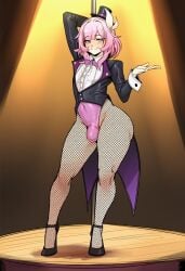 1boy 1femboy 2d ai_generated arm_up ass big_ass big_butt big_cock big_penis black_footwear black_headwear black_jacket blue_eyes blush bow bowtie bulge bulge_through_clothing bulge_under_clothes closed_mouth coattails cock covered_navel covered_penis crossdressing cyrene_(honkai:_star_rail) cyreneceo erection_under_clothes femboy fishnet_pantyhose fishnets frills full_body genderswap_(ftm) gloves hat high_heels honkai:_star_rail jacket large_ass large_butt large_cock large_penis large_thighs leotard long_sleeves looking_at_viewer male male_focus otoko_no_ko pantyhose penis penis_bulge pink_hair pink_leotard pole pole_dancing rule_63 shirt smile solo spotlight standing stripper_pole tailcoat thick_ass thick_butt thick_thighs thighs top_hat white_shirt wrist_cuffs