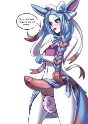 absurd_res animal_genitalia animal_penis anthro anthrofied ball_markings ball_tattoo balls big_balls big_penis bottomwear bow_ribbon braided_hair canid canine canine_genitalia canine_penis canis clothed clothing created_by_vivi eeveelution english_text erection femboy fur generation_6_pokemon genital_markings genital_tattoo genitals green_eyes hair hi_res huge_cock knot knotted_penis legwear long_hair male mammal markings multicolored_body multicolored_fur nintendo noel_(daann) partially_clothed pattern_clothing penis pokemon pokemon_(species) pokemorph ribbons shirt skirt solo swimwear sylveon tail tattoo text topwear tuft