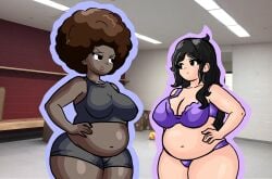 2girls afro alternate_design belly belly_button black_eyes black_hair breasts brown_hair brown_skin brown_skinned_female chetoh chubby chubby_female claire_(chetoh) claudia_(chetoh) female female_focus female_only gym_clothes hair hand_on_hip human human_claire humanized lingerie lingerie_only looking_at_each_other oc original original_character original_characters photo_background unhappy unhappy_female