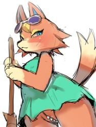 2020 3:4 alternate_body_type animal_crossing anthro audie_(animal_crossing) blonde_hair blue_eyes blush broom canid canine canis cleaning_tool clothing colored_sketch dipstick_tail eyeshadow eyewear eyewear_on_head female fur gem genitals glasses glasses_on_head gloves_(marking) hair hi_res holding_object lingerie looking_at_viewer looking_down low-angle_view makeup mammal markings multicolored_tail nintendo onikuman orange_body orange_fur pearl_(gem) pussy simple_background smile solo standing sunglasses tan_body tan_fur thong underwear upskirt video_games white_background wolf