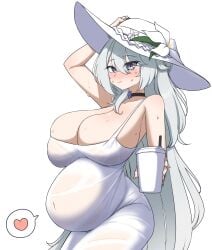 big_breasts blush bursting_breasts choker cleavage counter:side dress female female_only huge_breasts long_hair looking_at_viewer maternity_clothes maternity_dress no_bra pregnant purple_eyes regina_maccready saguyugo smile solo sun_hat sundress sweat very_long_hair wet wet_body wet_clothes wet_skin white_hair