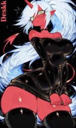 1girls ai_generated artist_name athletic athletic_female bare_shoulders big_ass big_breasts big_butt big_thighs black_background blue_hair choker demon demon_girl demon_tail deskk embarrassed glasses green_eyes hands_covering_breasts hands_down hi_res kneesocks_daemon long_hair one_horn oni_female panty_&_stocking_with_garterbelt ponytail red_body red_skin simple_background solo solo_female solo_focus standing stockings sweater tail thick_thighs thighs without_panties