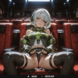 ai_generated anby_demara bangs bare_shoulders black_choker black_gloves black_panties black_thighhighs blurry blurry_background blush braid breasts brown_eyes choker closed_mouth clothes_lift detached_sleeves feet_out_of_frame female fingerless_gloves frenzyai gloves green_jacket head_tilt headphones indoors jacket lifted_by_self looking_at_viewer medium_breasts navel panties partially_visible_vulva pleated_skirt short_hair sitting skindentation skirt skirt_lift sleeveless smile solo spread_legs thigh_strap thighhighs underwear wedgie white_hair yellow_eyes zenless_zone_zero zipper