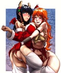 2girls arm_tattoo ass big_ass big_breasts bikini bikini_bottom bikini_top_undone black-haired_female black_hair blue_tattoo breast_press breast_squeeze breast_squish breasts comic curvy female female_only huge_breasts looking_at_viewer multiple_females multiple_girls nami_(one_piece) nico_robin one_piece orange-haired_female orange_hair post-timeskip symmetrical_docking tattoo tattoo_on_arm tattooed_arm untied_bikini voluptuous yaki_chun yuri