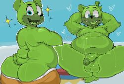 1male ass chubby fat genitalia genitals green_body green_fur green_skin green_tongue gummibar gummy_bear heart heart_symbol hearts_around_body hearts_around_head jamster looking_at_viewer looking_back male male_only orangechikkin shorts signature sparkle sparkles sweat sweaty twitter_link x_link