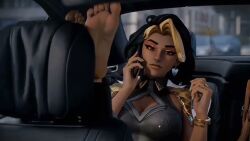 1girls 3d animated barefoot car car_interior dark-skinned_female dark_skin domina feet feet_up female female_focus female_only foot_fetish indian indian_female loop medium_hair music on_the_phone overwatch skulldeath soles sound tagme toes video