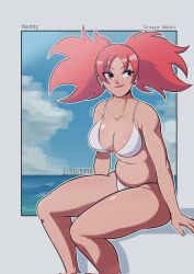 1girls bikini breasts capcom cleavage iroaya_madoi lautricius mega_man mega_man_battle_network ms._madd pink_hair sitting white_bikini
