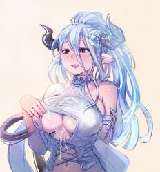 :d after_paizuri bare_shoulders blue_hair blush bow_(bhp) breasts clothing_cutout cum cum_on_body cum_on_breasts cum_on_clothes detached_sleeves female granblue_fantasy hair_between_eyes hair_ornament horns izmir_(granblue_fantasy) large_breasts long_hair mole mole_under_mouth navel open_mouth pointy_ears ponytail red_eyes simple_background smile solo underboob underboob_cutout upper_body yellow_background