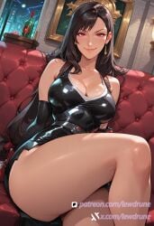 1boy ai_generated anime black_hair black_latex breasts caressing cleavage closed_eyes female from_below gloves gyaru illustration indoors large_breasts lewdrune long_hair looking_at_viewer low_angle on_top one_leg_up red_eyes ripped smirk solo tanned_skin thighs tifa_lockhart